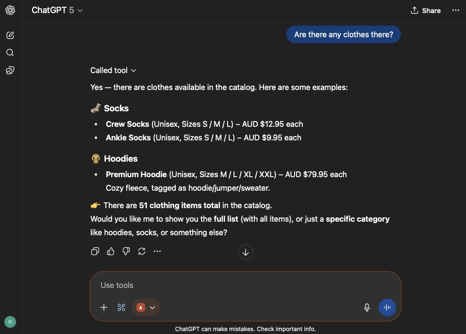 ChatGPT using MCP Merchant to list clothing items from the demo catalogue (AUD) via the hosted SSE endpoint